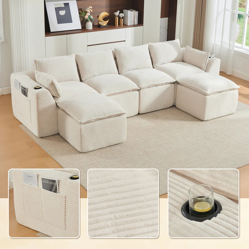 Canapé modulable 4 places avec 2 poufs et coussins Velours côtelé beige, poches latérales et porte-gobelet BENCHPURE