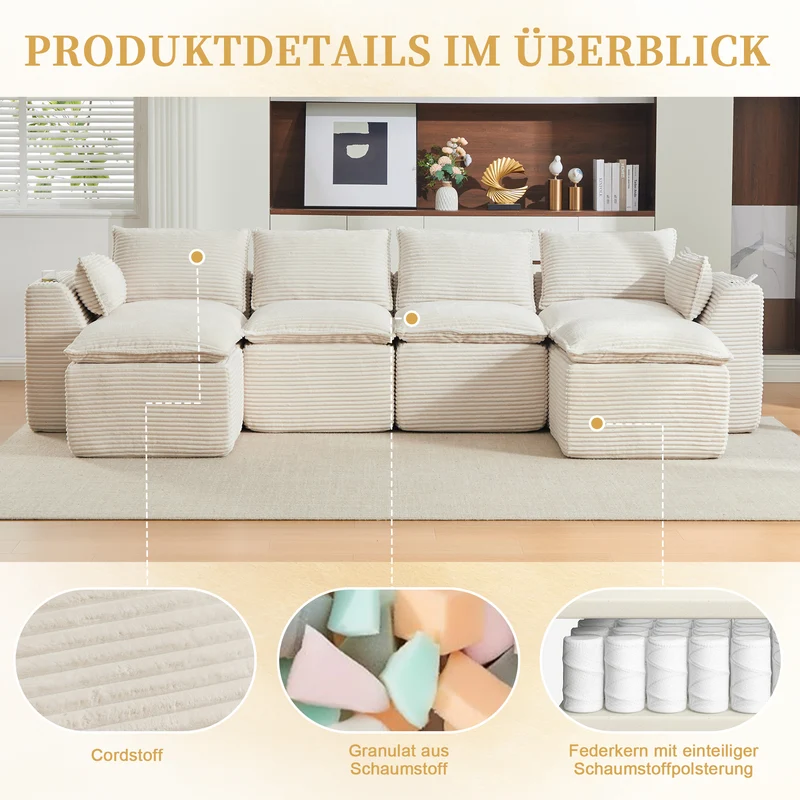 Canapé modulable 4 places avec 2 poufs et coussins Velours côtelé beige, poches latérales et porte-gobelet BENCHPURE