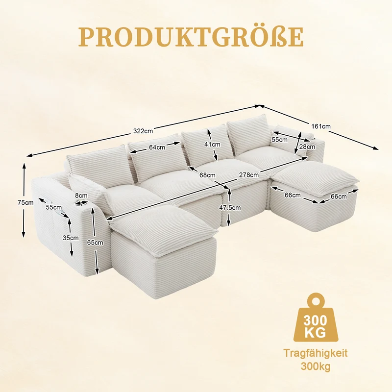 Canapé modulable 4 places avec 2 poufs et coussins Velours côtelé beige, poches latérales et porte-gobelet BENCHPURE