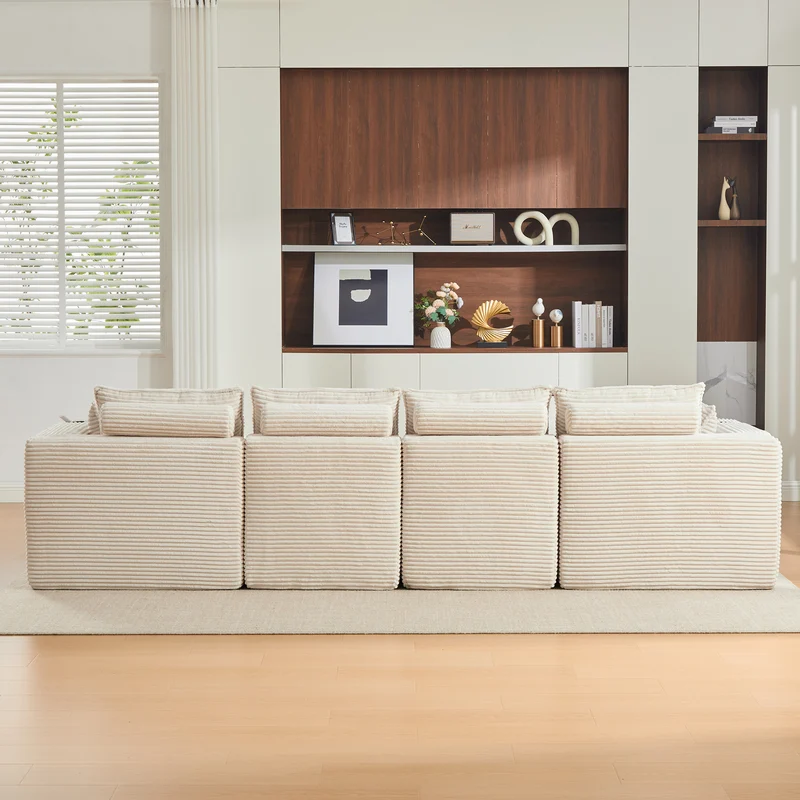 Canapé modulable 4 places avec 2 poufs et coussins Velours côtelé beige, poches latérales et porte-gobelet BENCHPURE