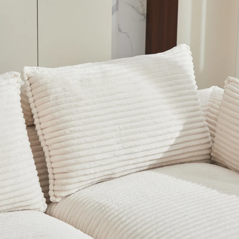 Canapé modulable 4 places avec 2 poufs et coussins Velours côtelé beige, poches latérales et porte-gobelet BENCHPURE