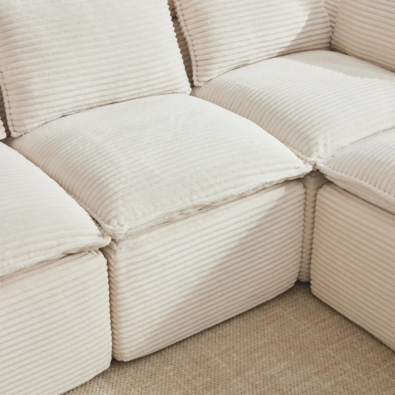 Canapé modulable 4 places avec 2 poufs et coussins Velours côtelé beige, poches latérales et porte-gobelet BENCHPURE