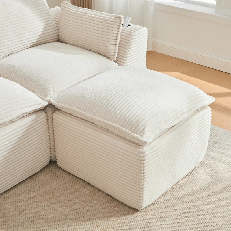 Canapé modulable 4 places avec 2 poufs et coussins Velours côtelé beige, poches latérales et porte-gobelet BENCHPURE
