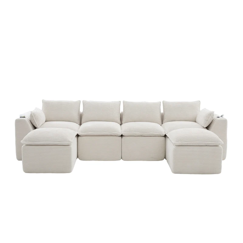 Canapé modulable 4 places avec 2 poufs et coussins Velours côtelé beige, poches latérales et porte-gobelet BENCHPURE
