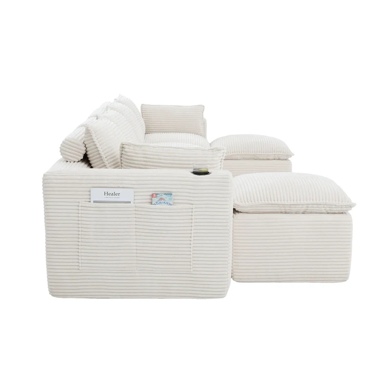 Canapé modulable 4 places avec 2 poufs et coussins Velours côtelé beige, poches latérales et porte-gobelet BENCHPURE