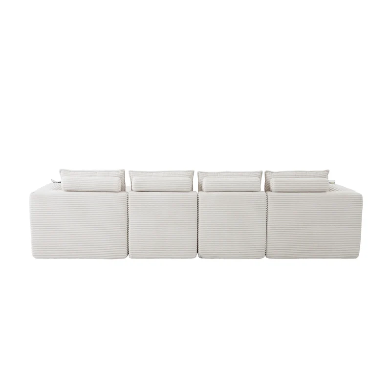 Canapé modulable 4 places avec 2 poufs et coussins Velours côtelé beige, poches latérales et porte-gobelet BENCHPURE