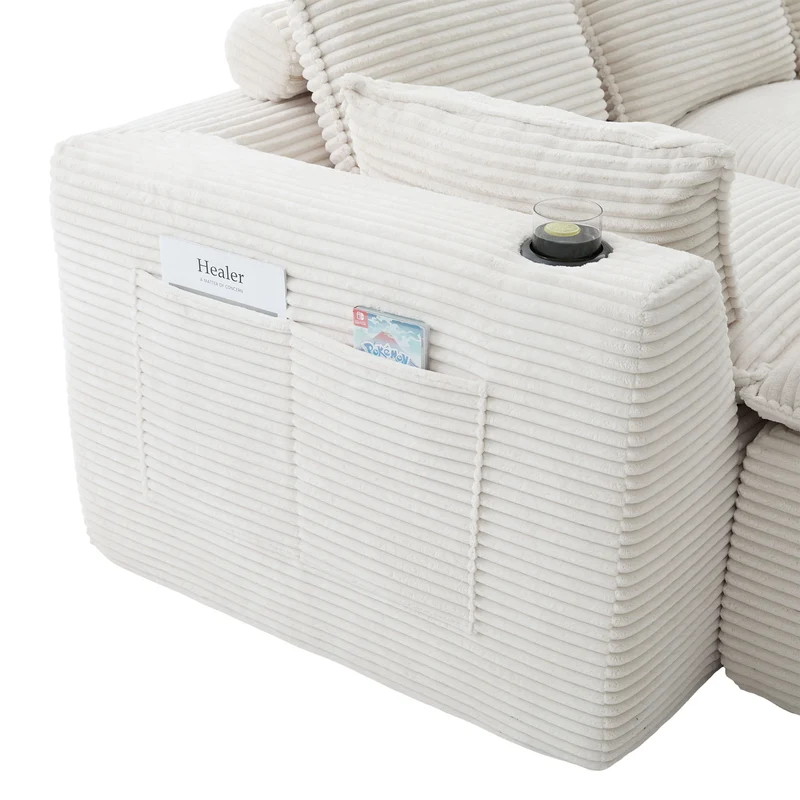 Canapé modulable 4 places avec 2 poufs et coussins Velours côtelé beige, poches latérales et porte-gobelet BENCHPURE