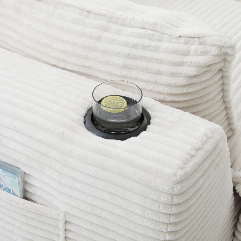 Canapé modulable 4 places avec 2 poufs et coussins Velours côtelé beige, poches latérales et porte-gobelet BENCHPURE