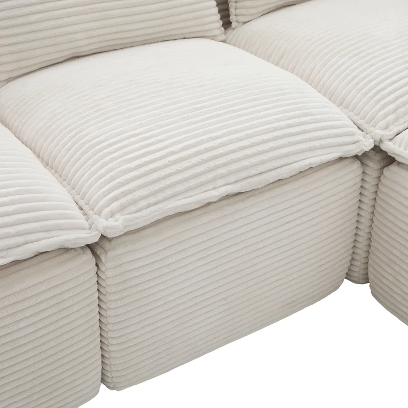 Canapé modulable 4 places avec 2 poufs et coussins Velours côtelé beige, poches latérales et porte-gobelet BENCHPURE