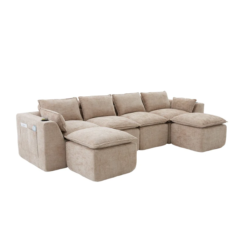 Canapé panoramique modulable 4 places kaki en tissu chenille avec 2 poufs, coussins, porte-gobelets et poches latérales BENCHRESIN