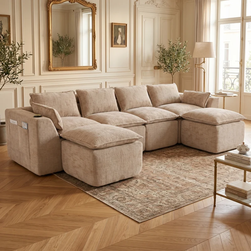 Canapé panoramique modulable 4 places kaki en tissu chenille avec 2 poufs, coussins, porte-gobelets et poches latérales BENCHRESIN
