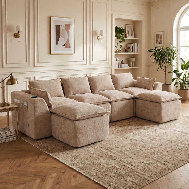 Canapé panoramique modulable 4 places kaki en tissu chenille avec 2 poufs, coussins, porte-gobelets et poches latérales BENCHRESIN
