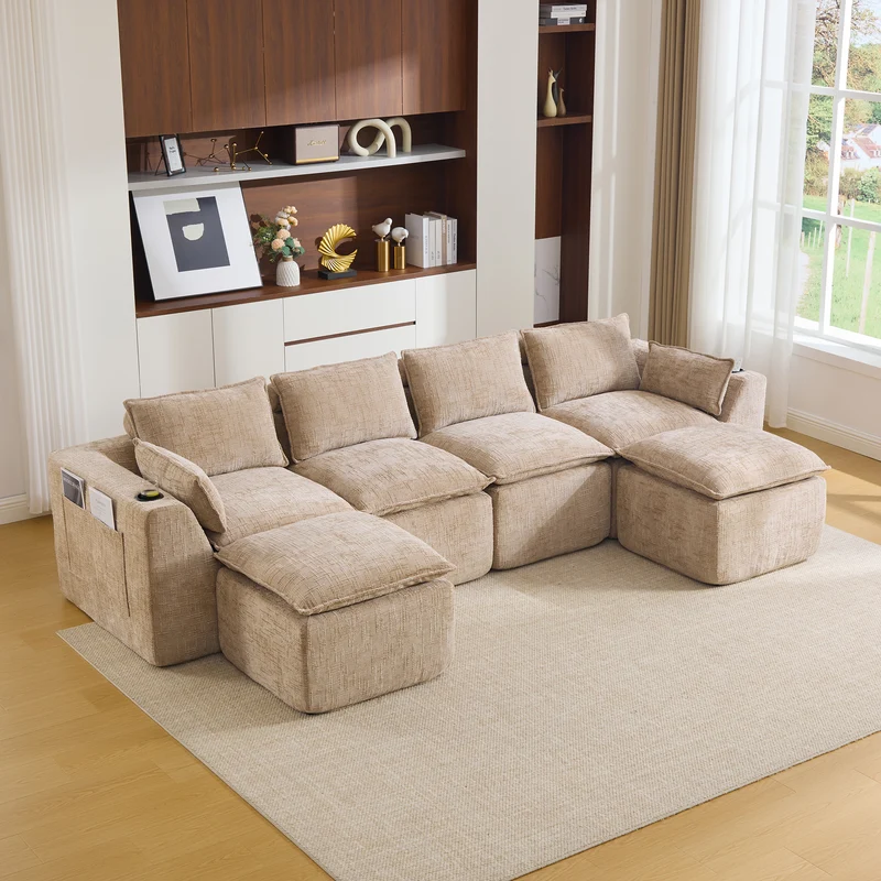 Canapé panoramique modulable 4 places kaki en tissu chenille avec 2 poufs, coussins, porte-gobelets et poches latérales BENCHRESIN