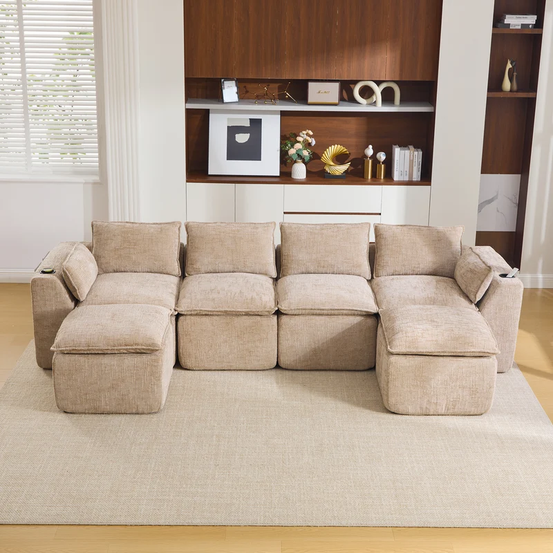 Canapé panoramique modulable 4 places kaki en tissu chenille avec 2 poufs, coussins, porte-gobelets et poches latérales BENCHRESIN