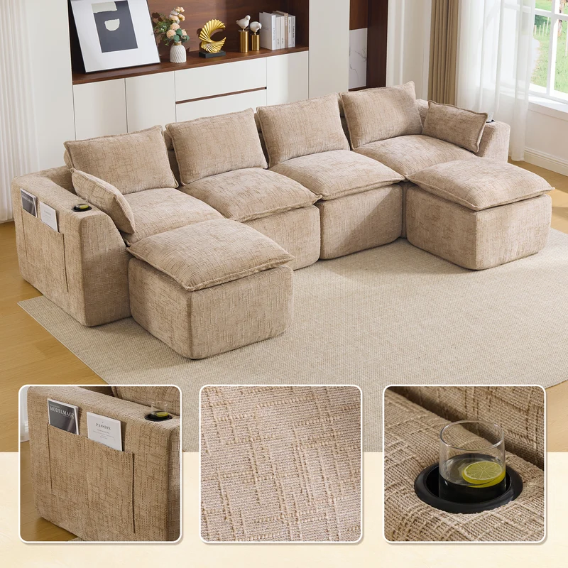 Canapé panoramique modulable 4 places kaki en tissu chenille avec 2 poufs, coussins, porte-gobelets et poches latérales BENCHRESIN