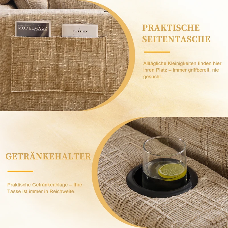 Canapé panoramique modulable 4 places kaki en tissu chenille avec 2 poufs, coussins, porte-gobelets et poches latérales BENCHRESIN