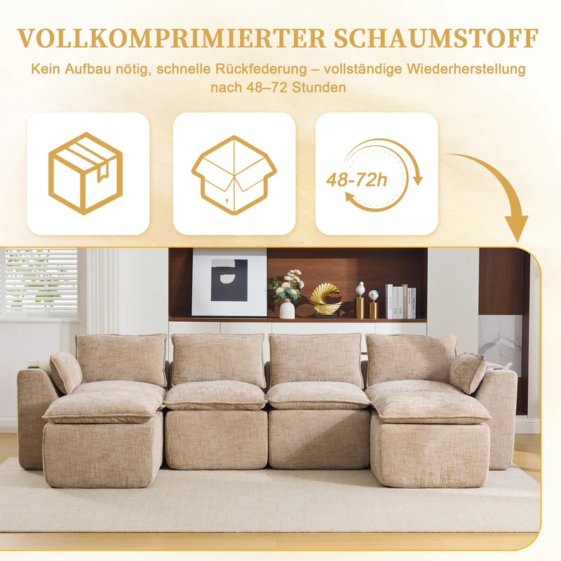Canapé panoramique modulable 4 places kaki en tissu chenille avec 2 poufs, coussins, porte-gobelets et poches latérales BENCHRESIN