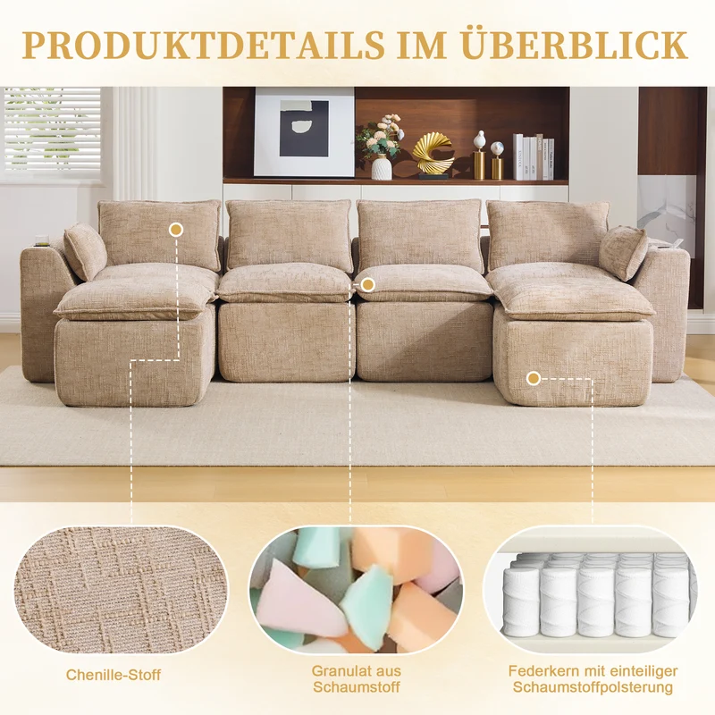 Canapé panoramique modulable 4 places kaki en tissu chenille avec 2 poufs, coussins, porte-gobelets et poches latérales BENCHRESIN
