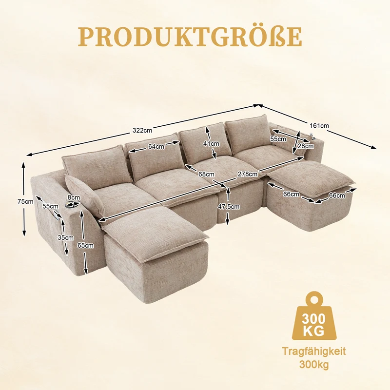Canapé panoramique modulable 4 places kaki en tissu chenille avec 2 poufs, coussins, porte-gobelets et poches latérales BENCHRESIN