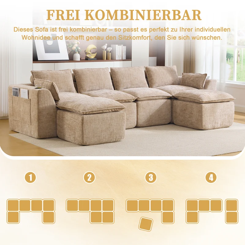 Canapé panoramique modulable 4 places kaki en tissu chenille avec 2 poufs, coussins, porte-gobelets et poches latérales BENCHRESIN