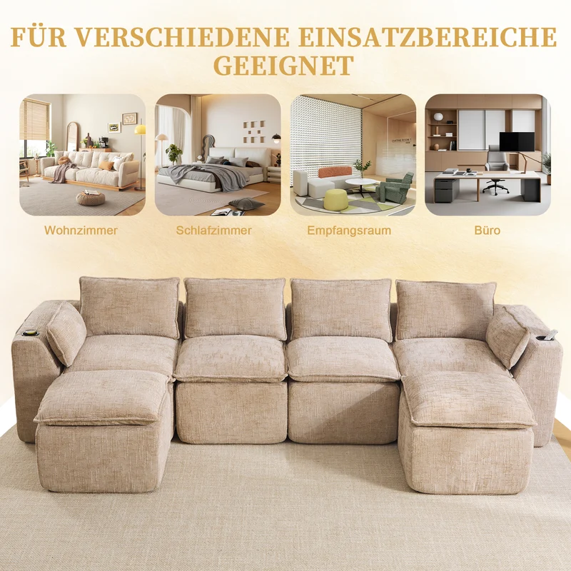 Canapé panoramique modulable 4 places kaki en tissu chenille avec 2 poufs, coussins, porte-gobelets et poches latérales BENCHRESIN