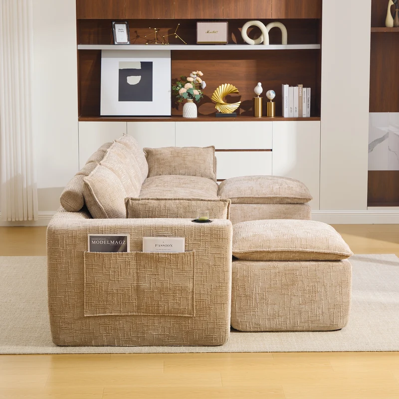 Canapé panoramique modulable 4 places kaki en tissu chenille avec 2 poufs, coussins, porte-gobelets et poches latérales BENCHRESIN