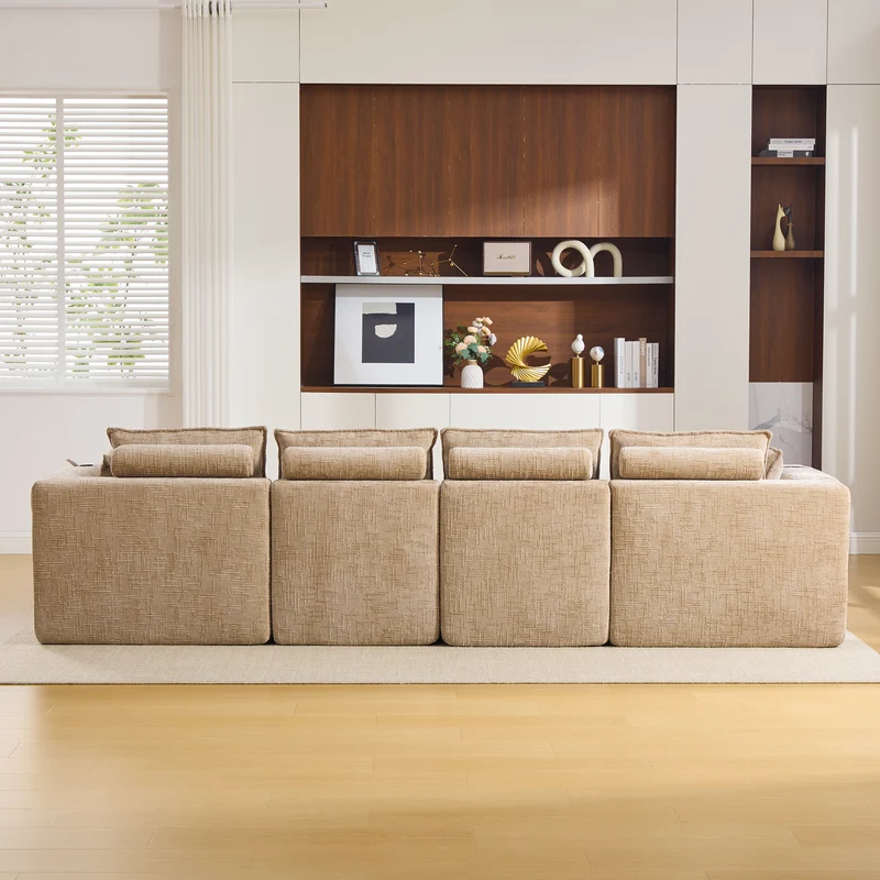 Canapé panoramique modulable 4 places kaki en tissu chenille avec 2 poufs, coussins, porte-gobelets et poches latérales BENCHRESIN