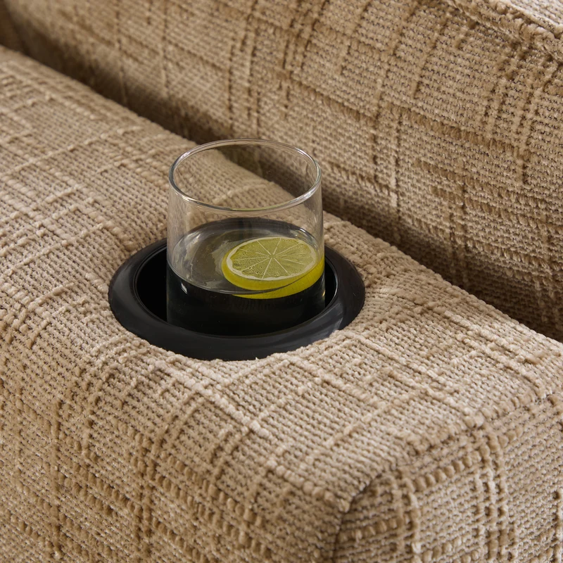 Canapé panoramique modulable 4 places kaki en tissu chenille avec 2 poufs, coussins, porte-gobelets et poches latérales BENCHRESIN
