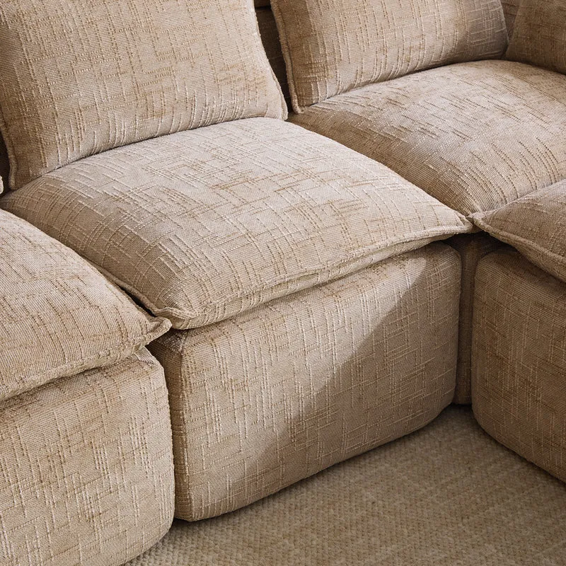 Canapé panoramique modulable 4 places kaki en tissu chenille avec 2 poufs, coussins, porte-gobelets et poches latérales BENCHRESIN