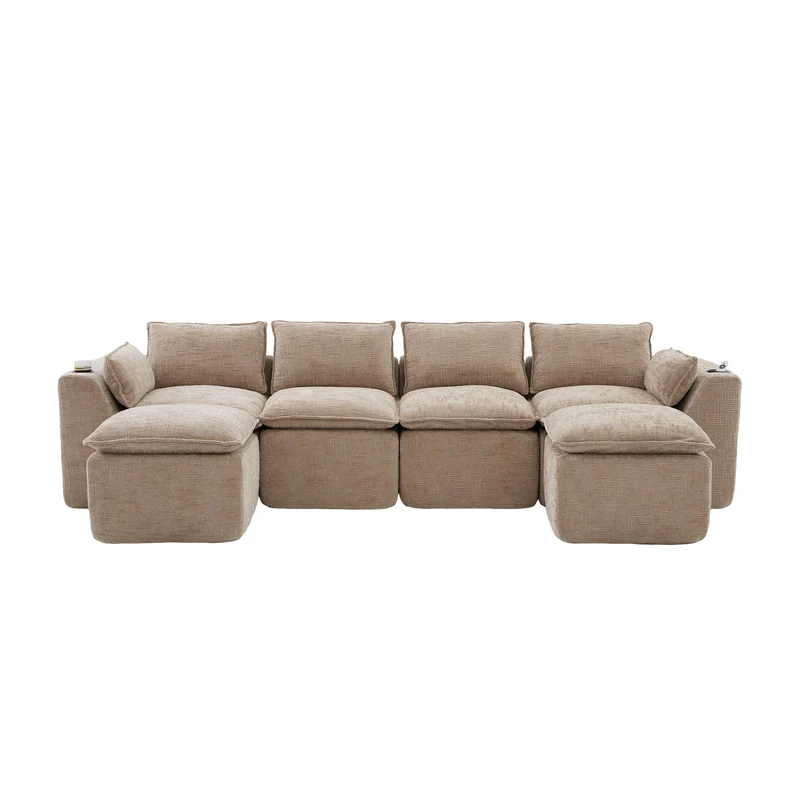 Canapé panoramique modulable 4 places kaki en tissu chenille avec 2 poufs, coussins, porte-gobelets et poches latérales BENCHRESIN