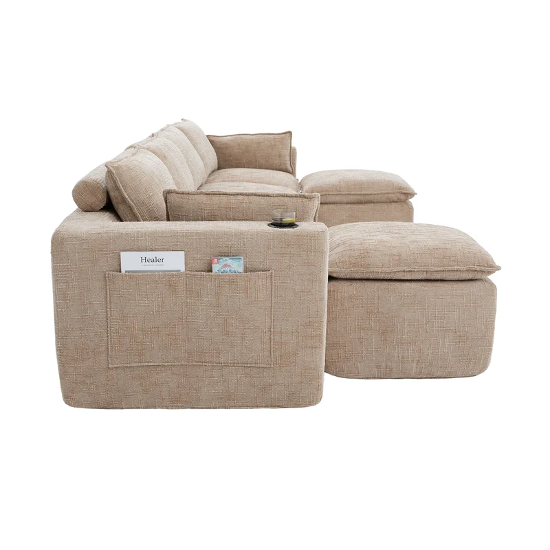 Canapé panoramique modulable 4 places kaki en tissu chenille avec 2 poufs, coussins, porte-gobelets et poches latérales BENCHRESIN