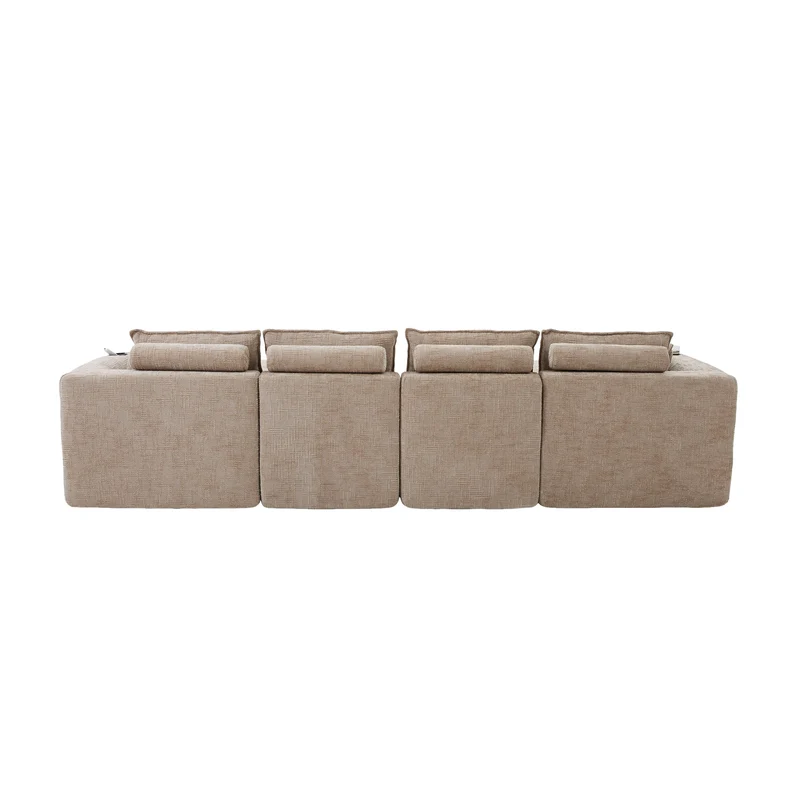Canapé panoramique modulable 4 places kaki en tissu chenille avec 2 poufs, coussins, porte-gobelets et poches latérales BENCHRESIN