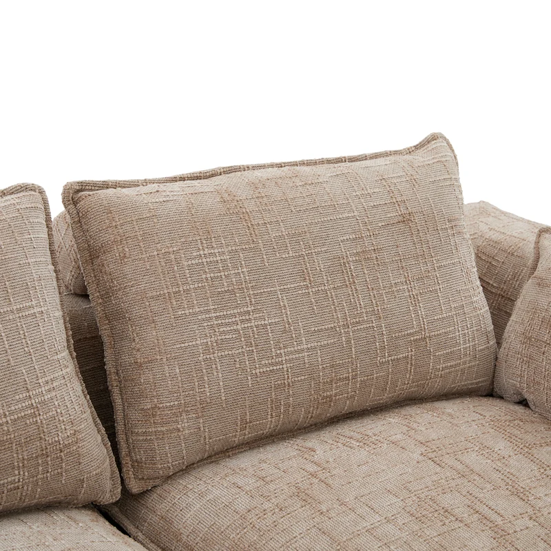 Canapé panoramique modulable 4 places kaki en tissu chenille avec 2 poufs, coussins, porte-gobelets et poches latérales BENCHRESIN