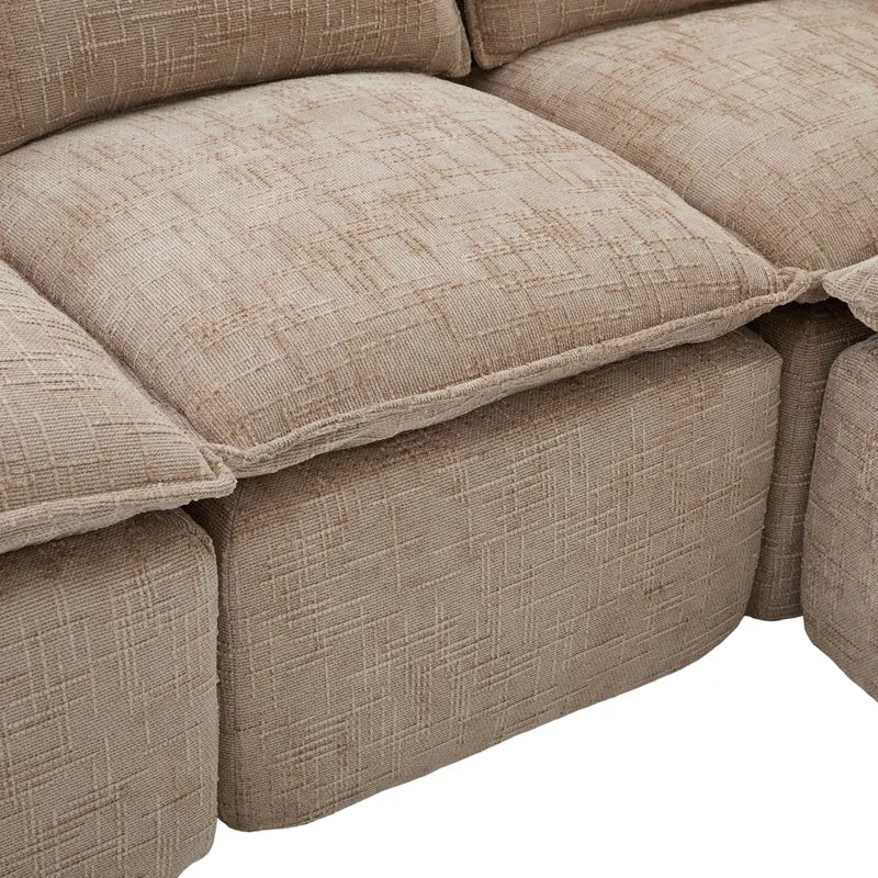 Canapé panoramique modulable 4 places kaki en tissu chenille avec 2 poufs, coussins, porte-gobelets et poches latérales BENCHRESIN