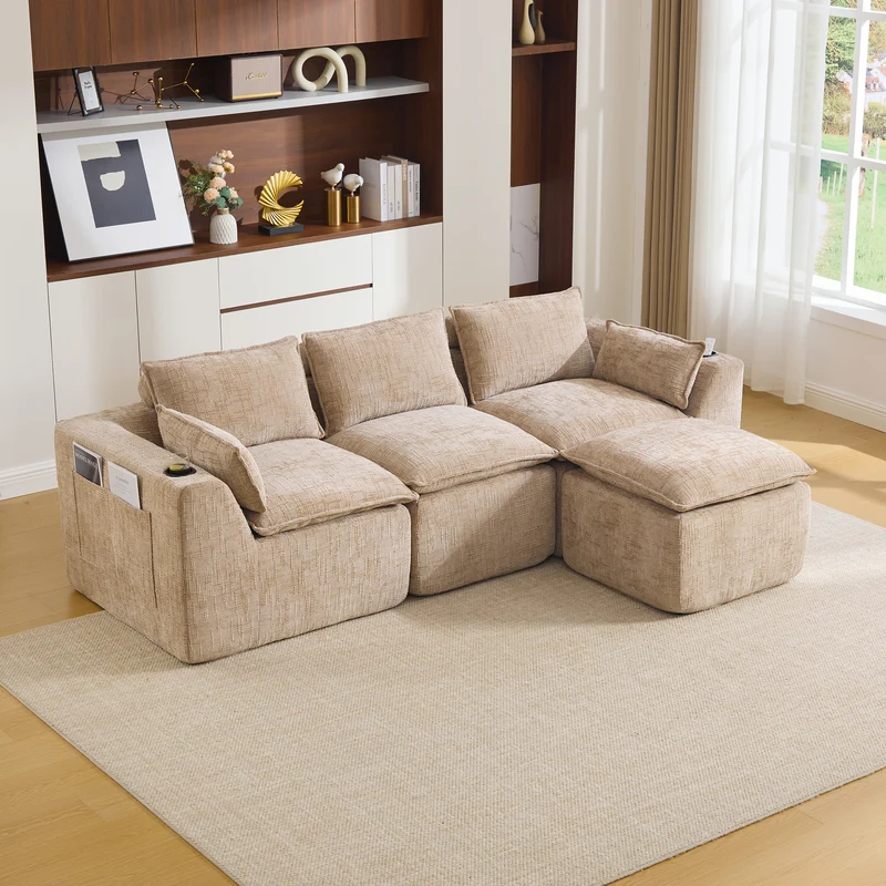Canapé modulable 3 places avec pouf et coussins tissu chenille kaki, poches latérales et porte-gobelet BENCHPRIME