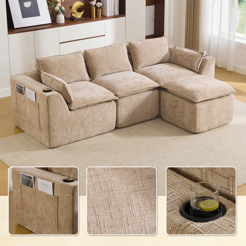 Canapé modulable 3 places avec pouf et coussins tissu chenille kaki, poches latérales et porte-gobelet BENCHPRIME