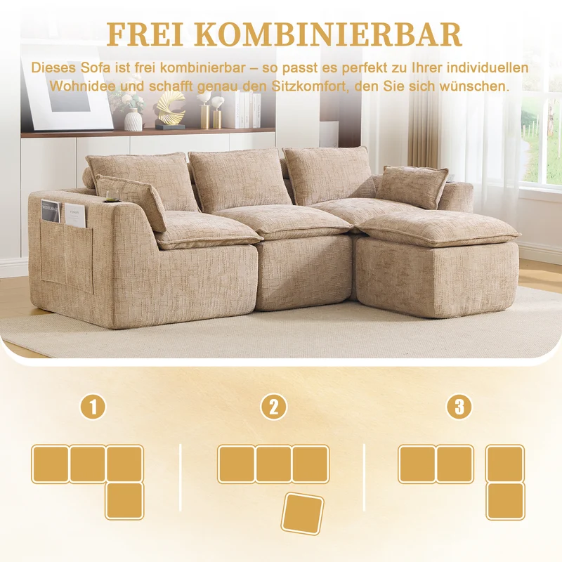 Canapé modulable 3 places avec pouf et coussins tissu chenille kaki, poches latérales et porte-gobelet BENCHPRIME