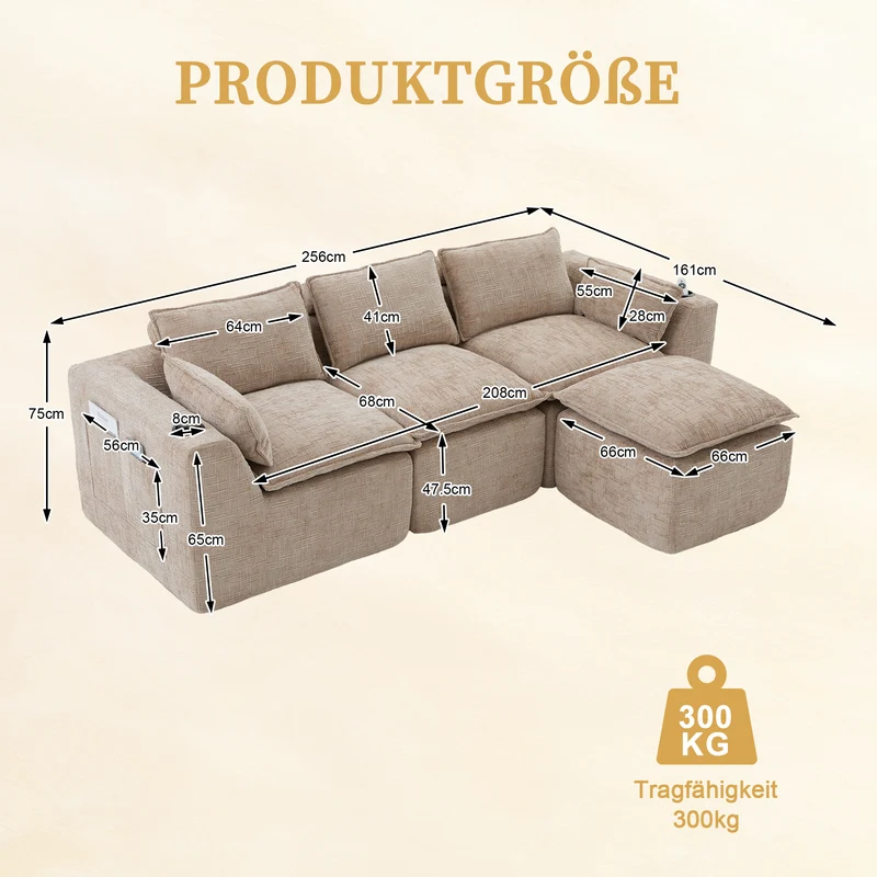 Canapé modulable 3 places avec pouf et coussins tissu chenille kaki, poches latérales et porte-gobelet BENCHPRIME