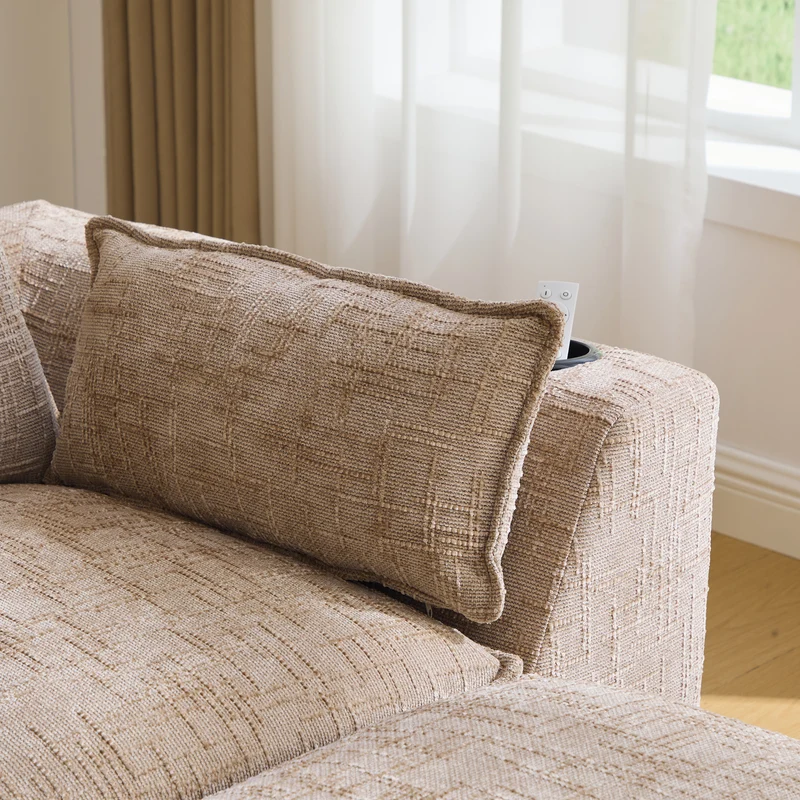 Canapé modulable 3 places avec pouf et coussins tissu chenille kaki, poches latérales et porte-gobelet BENCHPRIME