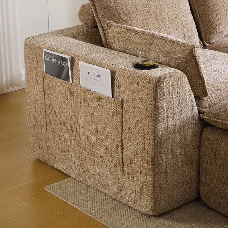 Canapé modulable 3 places avec pouf et coussins tissu chenille kaki, poches latérales et porte-gobelet BENCHPRIME