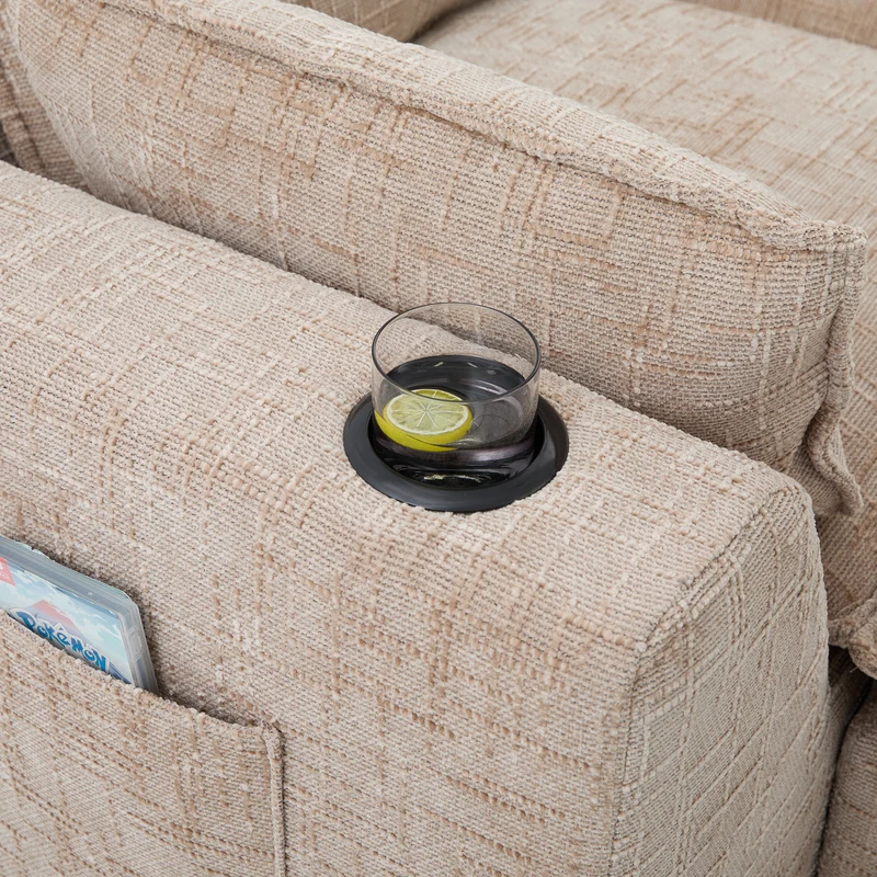 Canapé modulable 3 places avec pouf et coussins tissu chenille kaki, poches latérales et porte-gobelet BENCHPRIME