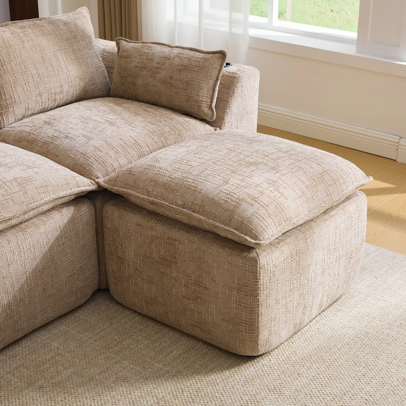 Canapé modulable 3 places avec pouf et coussins tissu chenille kaki, poches latérales et porte-gobelet BENCHPRIME