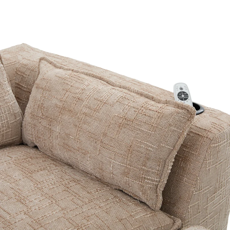 Canapé modulable 3 places avec pouf et coussins tissu chenille kaki, poches latérales et porte-gobelet BENCHPRIME