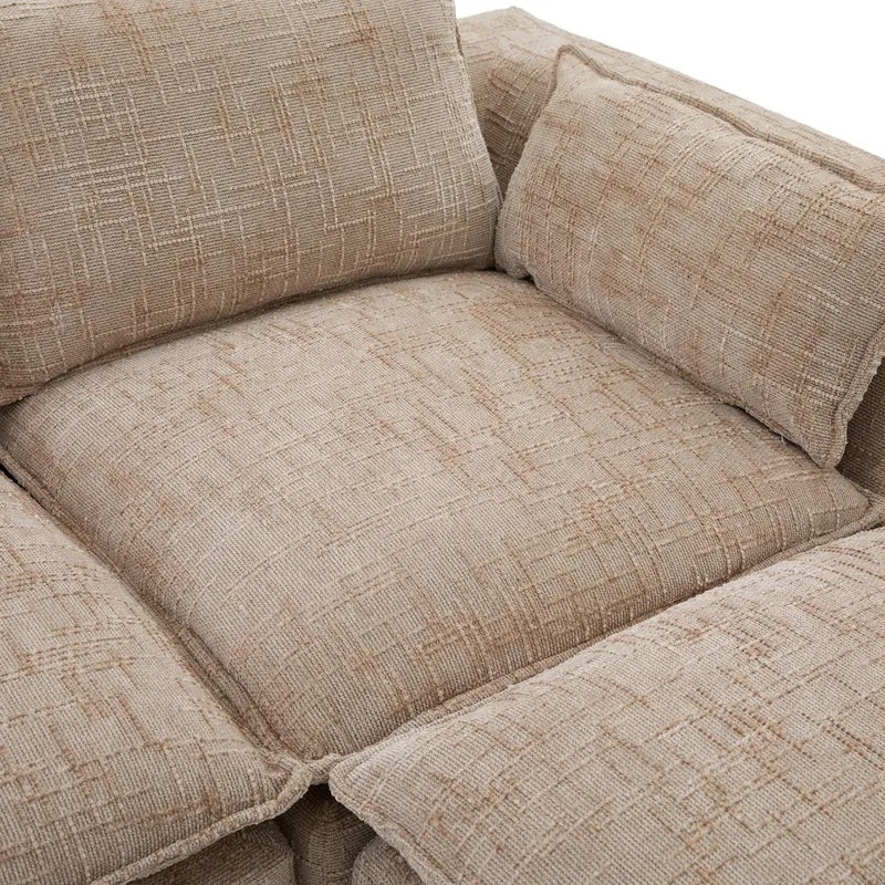 Canapé modulable 3 places avec pouf et coussins tissu chenille kaki, poches latérales et porte-gobelet BENCHPRIME