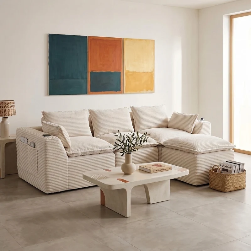 Canapé modulable 3 places avec pouf et coussins tissu chenille beige, poches latérales et porte-gobelet BENCHPOINT