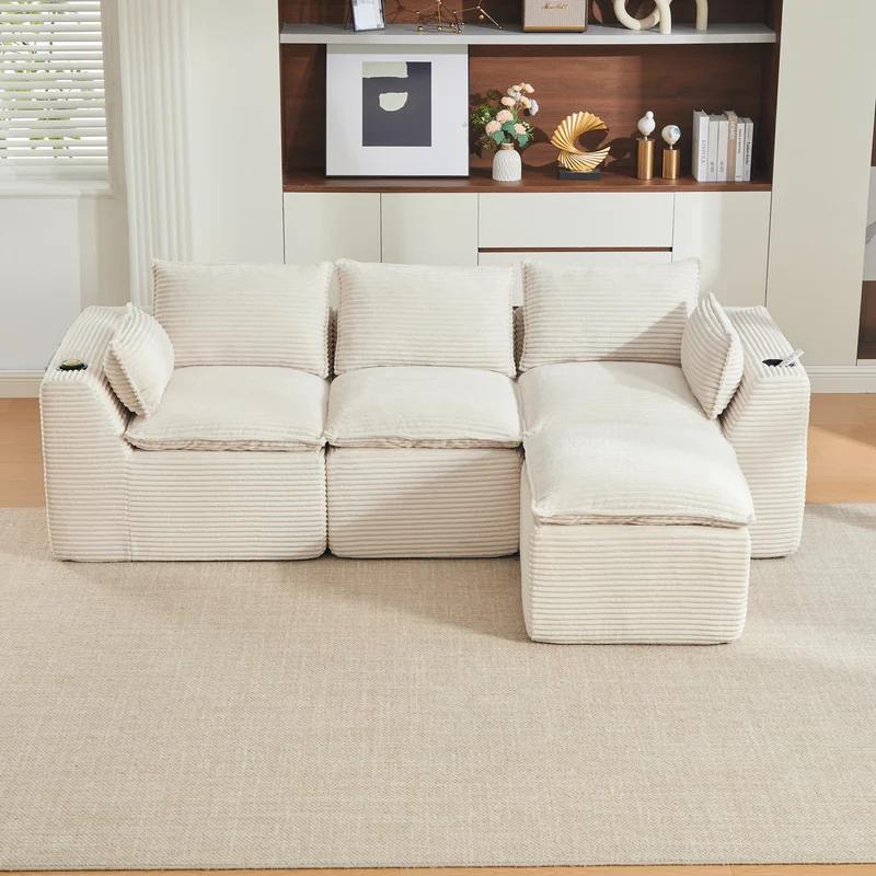 Canapé modulable 3 places avec pouf et coussins tissu chenille beige, poches latérales et porte-gobelet BENCHPOINT