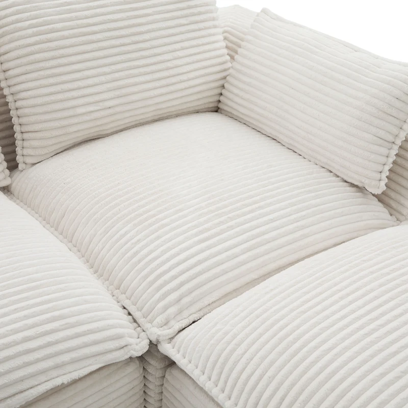 Canapé modulable 3 places avec pouf et coussins tissu chenille beige, poches latérales et porte-gobelet BENCHPOINT