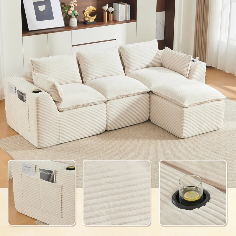 Canapé modulable 3 places avec pouf et coussins tissu chenille beige, poches latérales et porte-gobelet BENCHPOINT