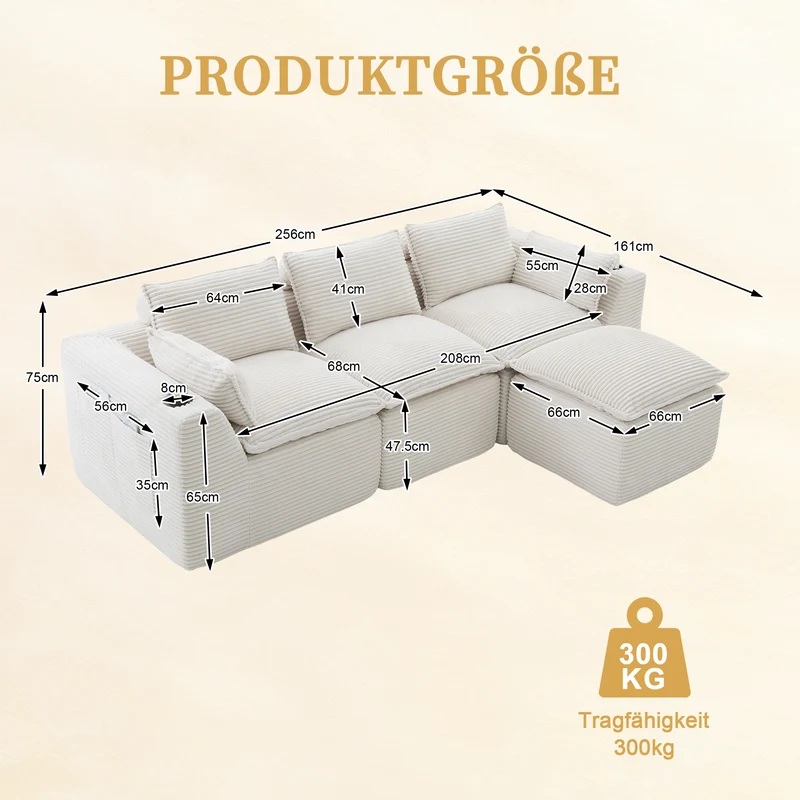 Canapé modulable 3 places avec pouf et coussins tissu chenille beige, poches latérales et porte-gobelet BENCHPOINT