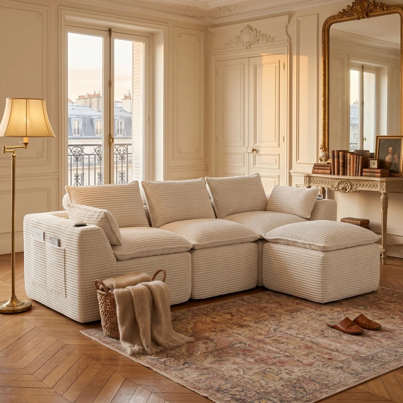 Canapé modulable 3 places avec pouf et coussins tissu chenille beige, poches latérales et porte-gobelet BENCHPOINT